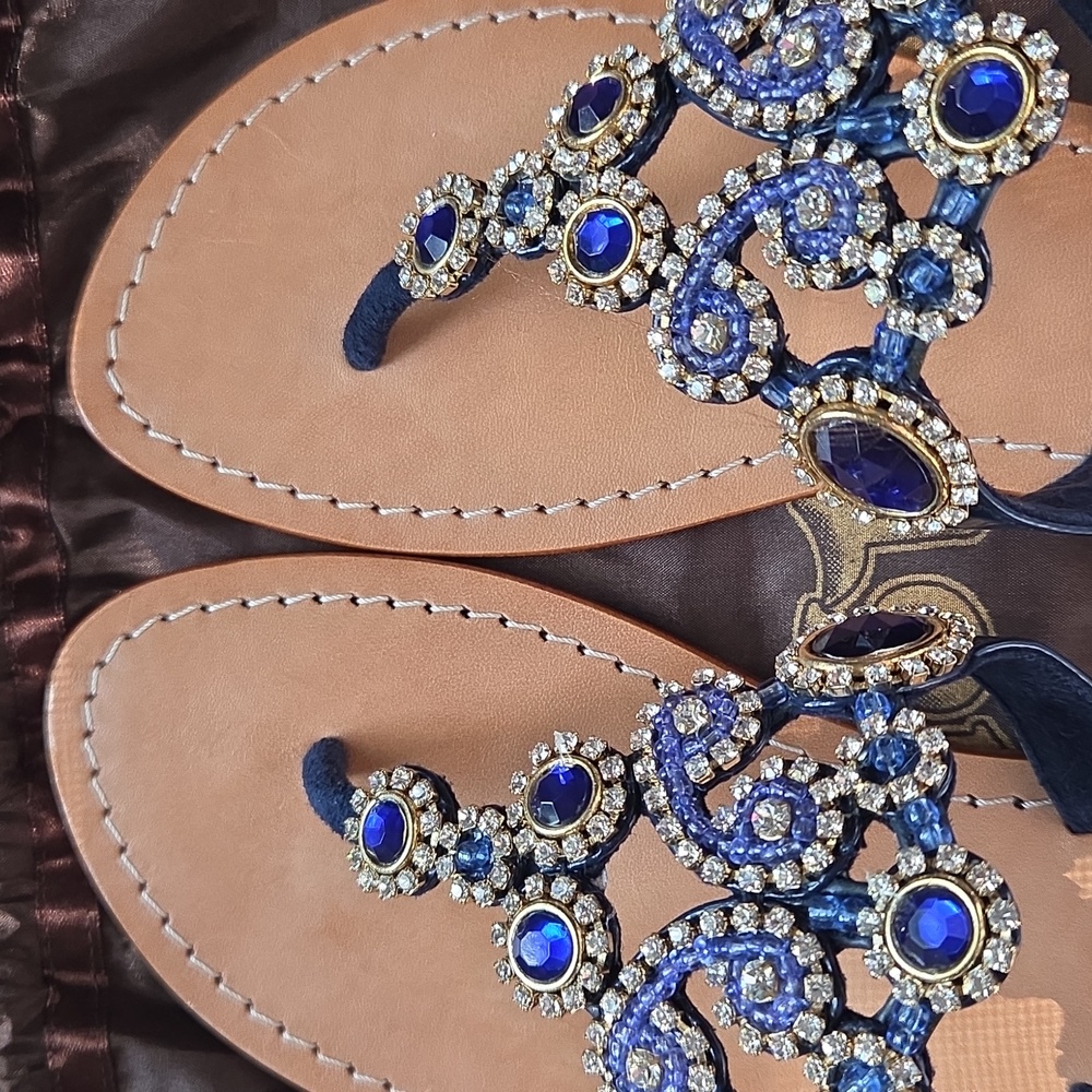 Mystique Boutique Boca Raton Blue, Tan and Gold Embellished Sandals